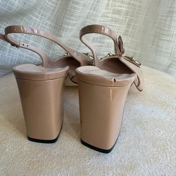 New Gucci Nude Patent Leather Slingback Block Heel, Lady Tan Horsebit Size 8 US - Picture 7 of 13